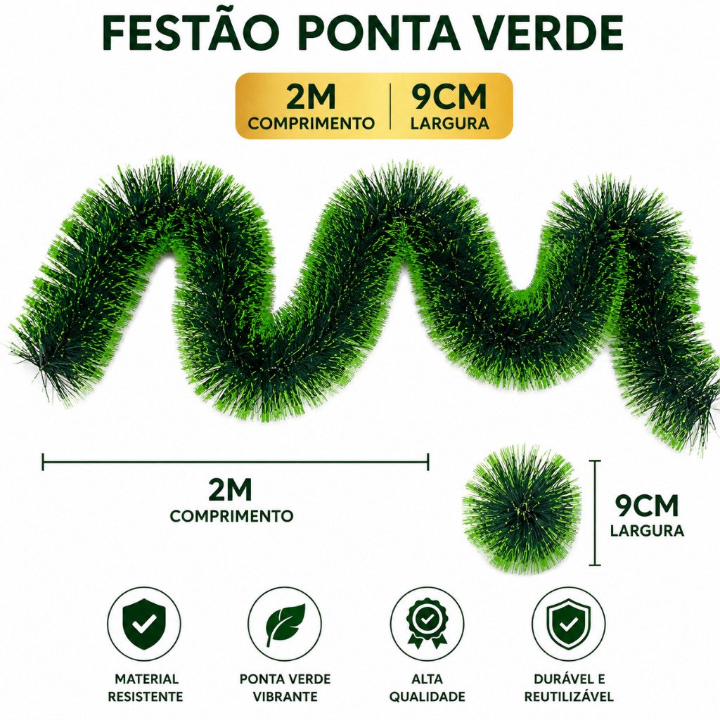Kit 10/20/30 Metros Festão de Natal Ponta Verde/Nevado 2M x 9CM – Decoração Natalina para Árvore, Porta, Escada e Mesa — imagem 2 de 2