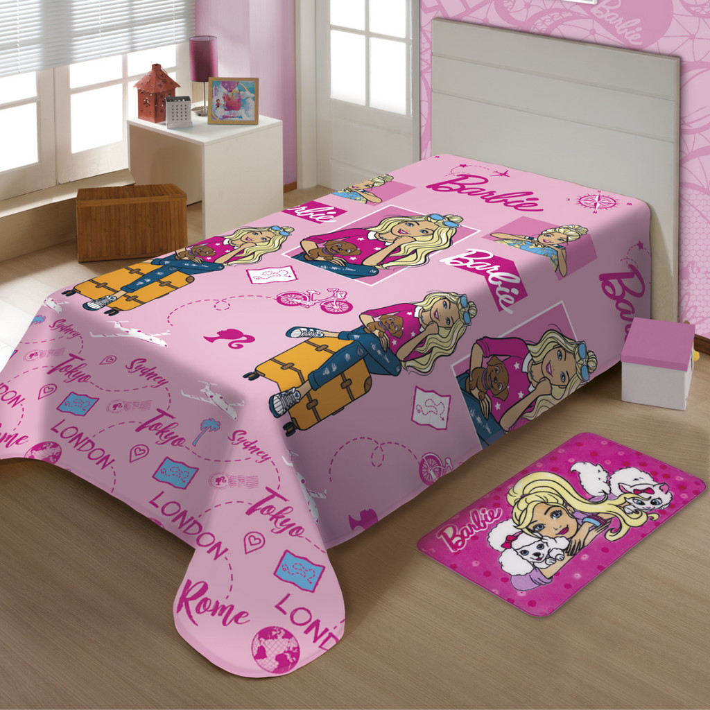Cobertor Manta Fun Barbie Soft Jolitex Ternille Solteiro Viagem Sofá com Cinta Macia 1,50x2,00m