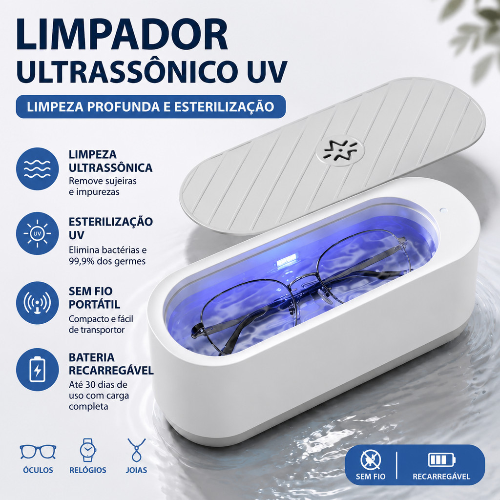 Limpador Ultrassônico UV Sem Fio Recarregável para Óculos, Relógios e Joias | Limpeza Profunda Portátil