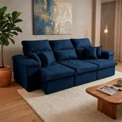 Sofá Retrátil Reclinável Trento 2,30m Suede Velut Azul Molas no Assento - King House