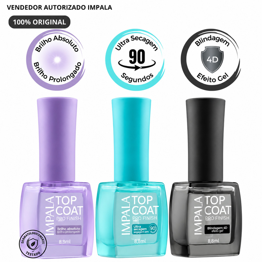 Top Coat Impala Pro Finish Hipoalergênico & Vegano – Ultra Secagem, Brilho Absoluto e Blindagem 4D