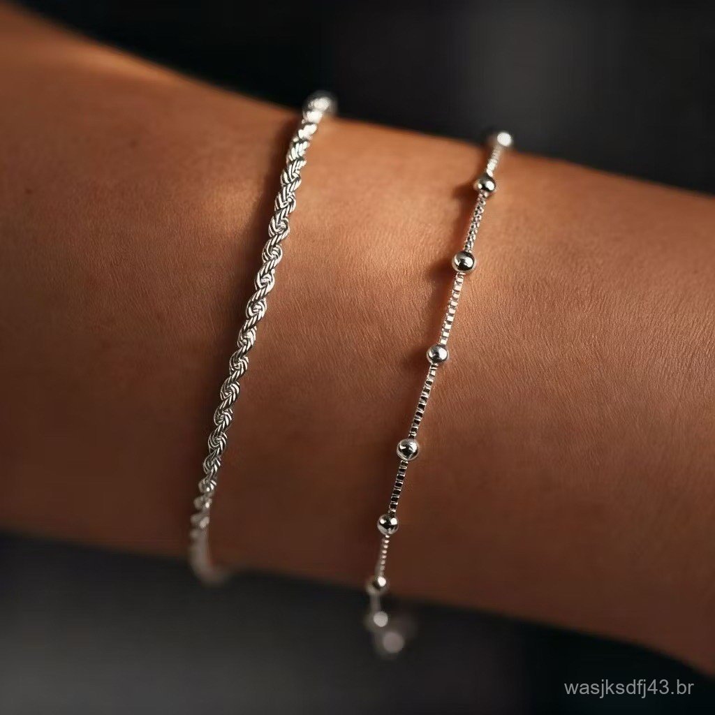Kit 2 Pulseira Prata 925 Feminina Cordão Baiano + Bolinha Veneziana A Prata 925
