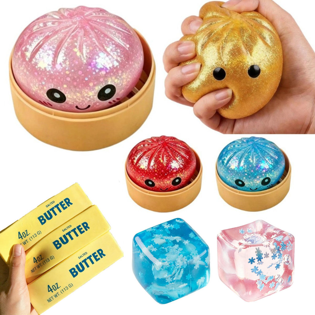 Glitter Bun Squishy Brinquedo Fidget Com Cesta De Vapor Floco De Neve Cubo De Gelo Bonito Kawaii Bao Alívio Do Estresse 