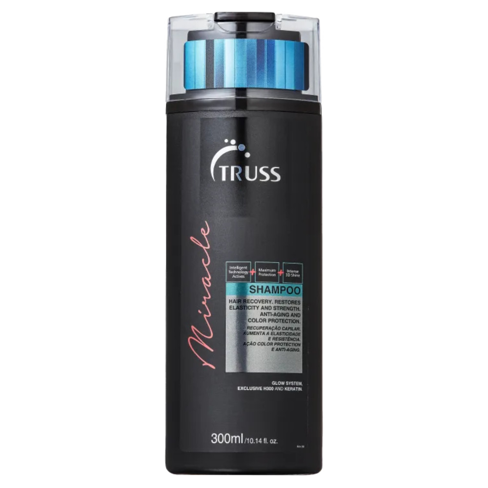 Frasco de shampoo Truss Miracle de 300ml na cor preta com tampa transparente e detalhes em azul