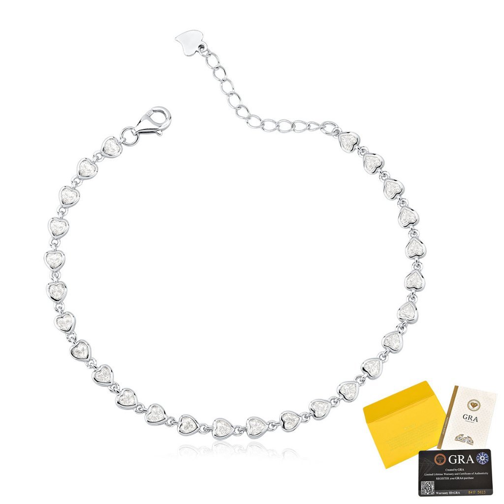 Pulseira Moissanite de Prata 925 Corações Cravado