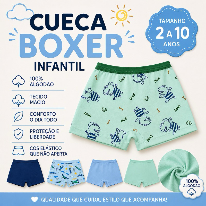 Kit até 12 Cueca Boxer Infantil Menino 2 a 10 Anos Conforto Premium