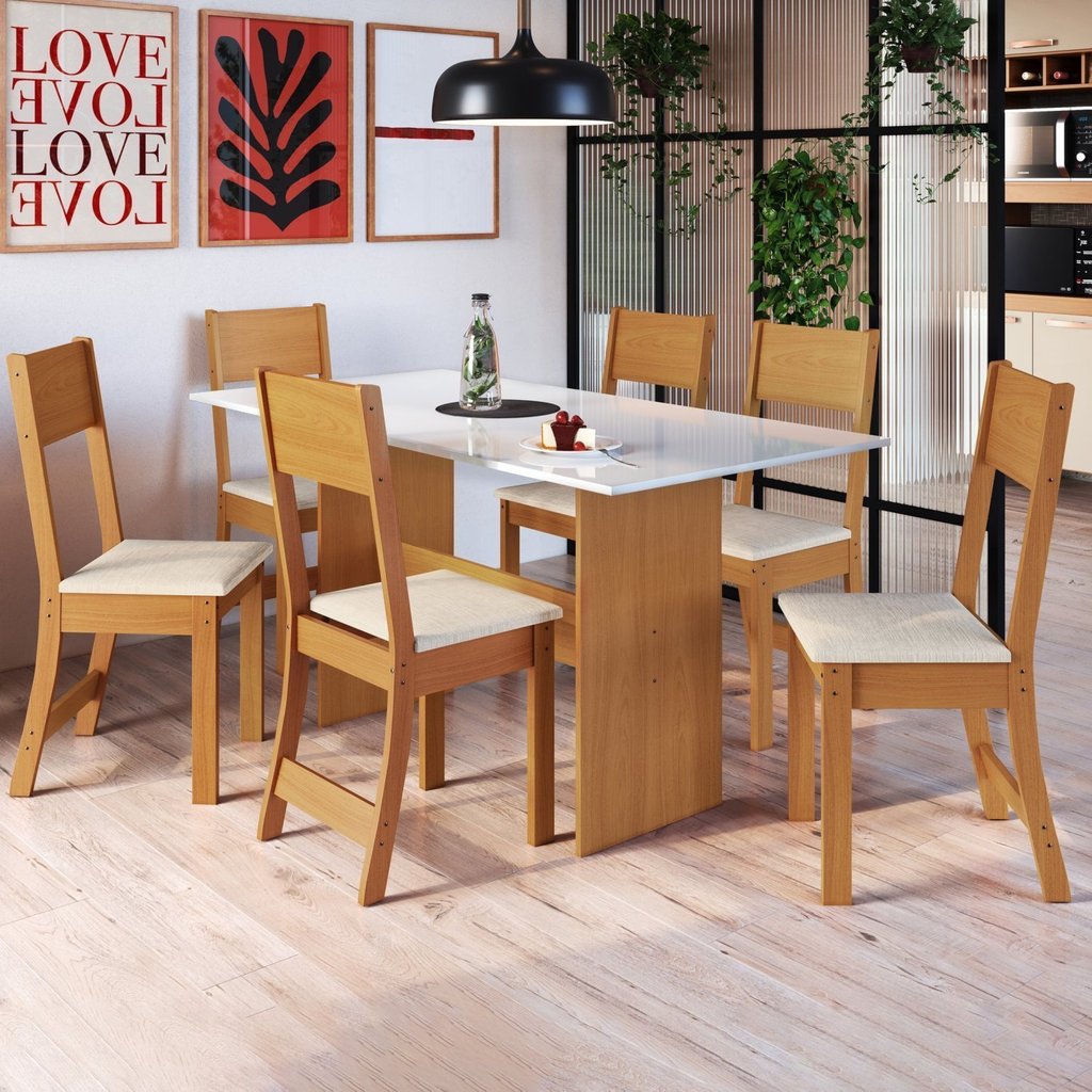 Conjunto Sala de Jantar 1 Mesa Tampo MDP Retangular 6 Cadeiras Viena Amarelo/Freijó/Off/Linho Freijó/Off White/Linho
