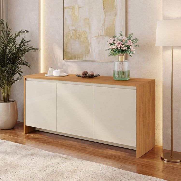 Balcão Buffet 3 Portas 1 Gaveta 160cm Madrid Bege/Cedro/Off White Cedro/Off White