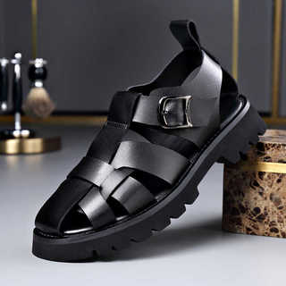 Sandálias De Couro Genuíno Masculinas Verão Oco Respirável Buraco Sapatos Masculinos Antiderrapantes Resistentes Ao Desg