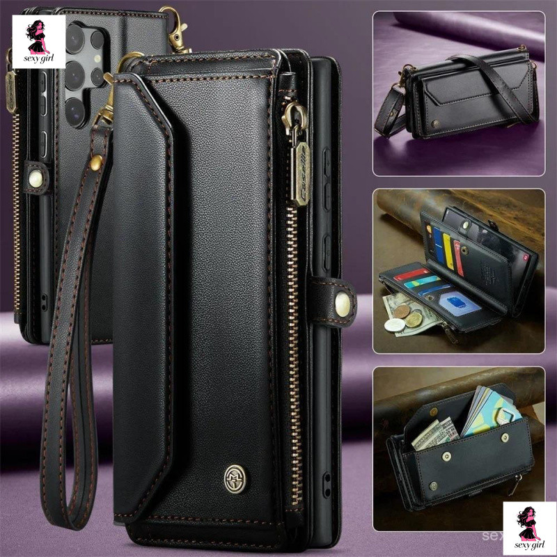 Capa de Couro PU Luxuosa com Zíper e Porta-Cartões para Samsung Galaxy S26 S25 E