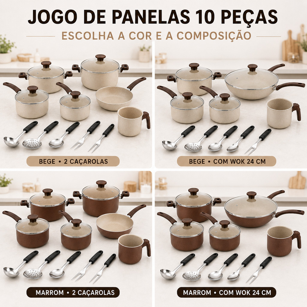 Jogo de Panelas Antiaderente Cerâmica Conjunto 10 Peças Tampas de Vidro Panela Caçarola Wok