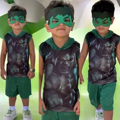 Conjunto Infantil Menino Hulk Short+Regata Com Capuz E Mascara Festas Dia Das Crianças
