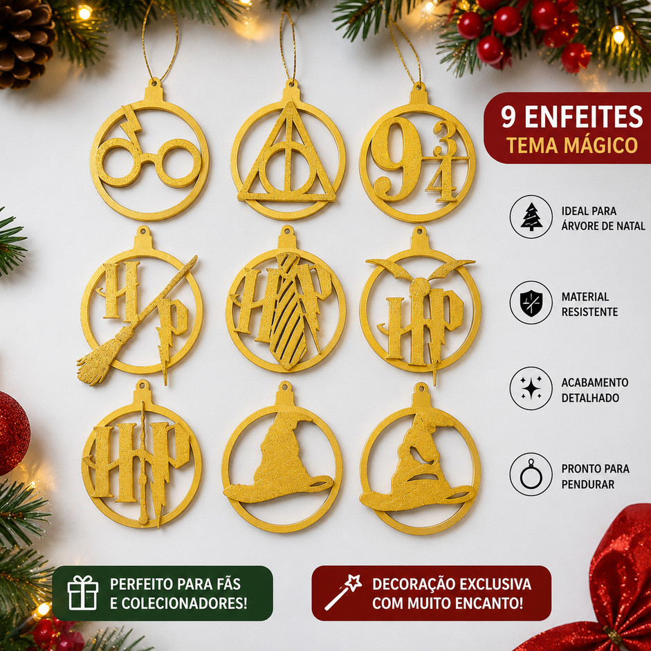 Kit 9 Enfeites de Natal Harry Potter para Árvore Pendentes Ornamentos Decoração Natalina