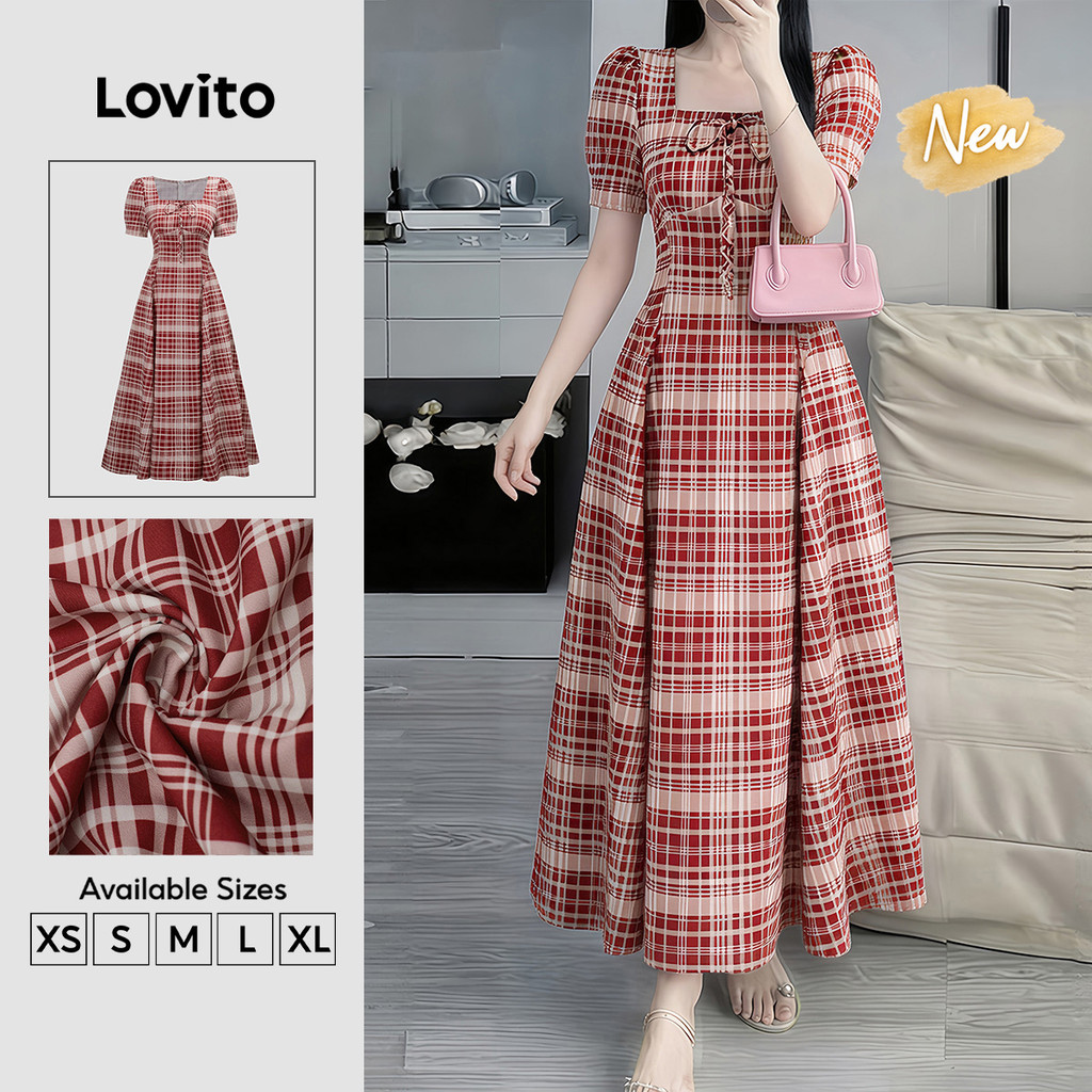 (New Arrival) Lovito Vestido Casual Vermelho com Zíper e Laço para Mulheres primavera/verão LK6ED272