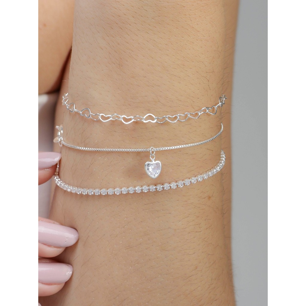 kit 3 pulseiras prata F925, rivieira elo e veneziana com berloque de coração