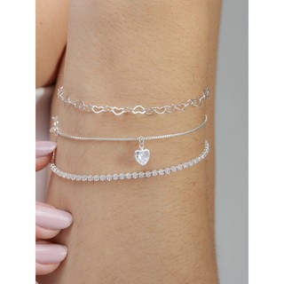 kit 3 pulseiras prata F925, rivieira elo e veneziana com berloque de coração