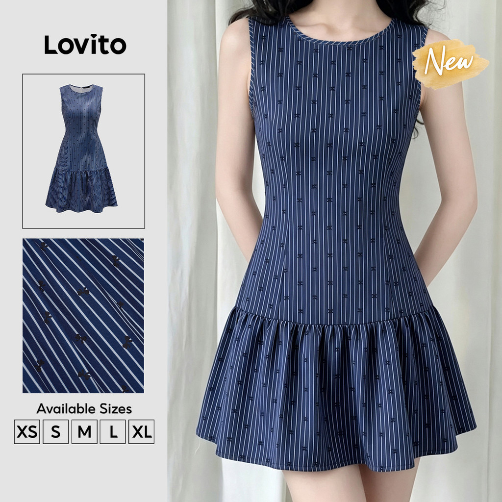 (New Arrival) Lovito Vestido Elegante com Padrão de Linhas Vestido Azul Escuro Primavera/verão para mulheres DRK9P2D371