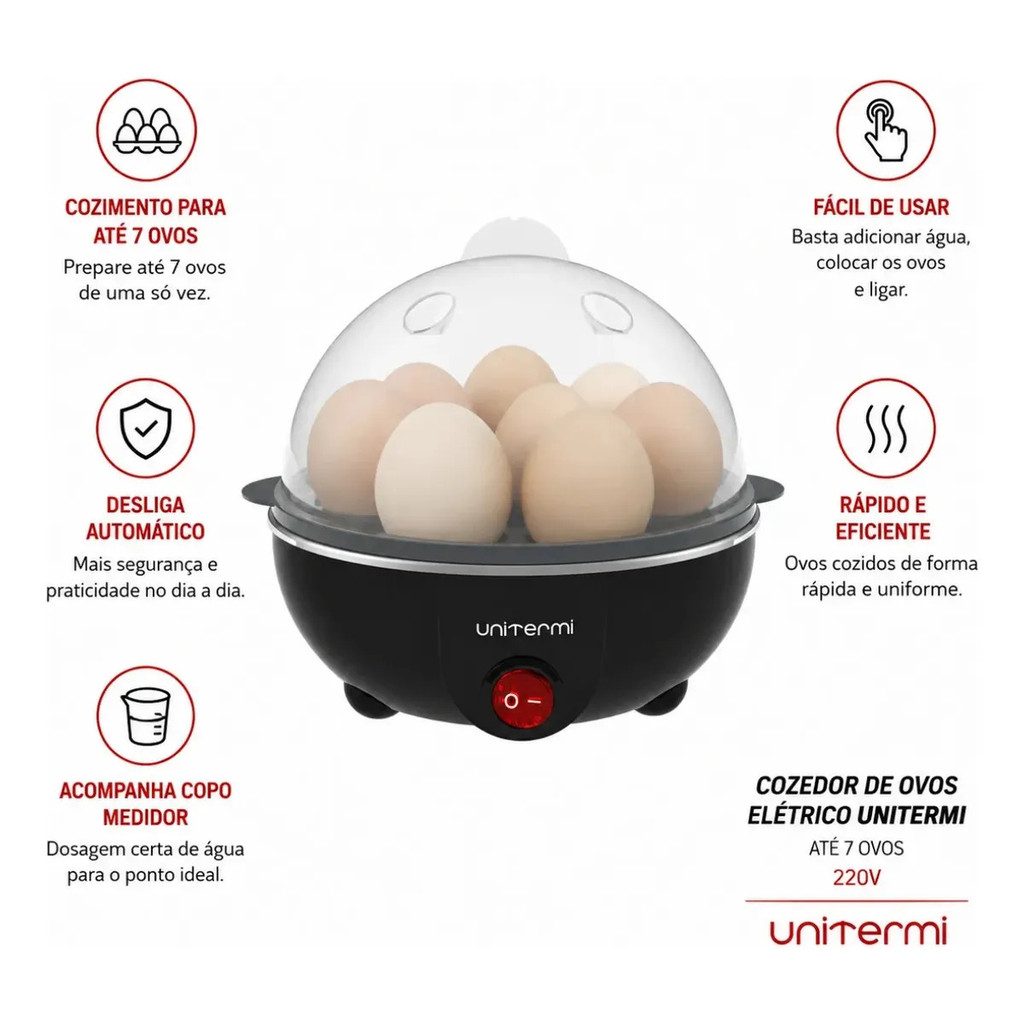 Cozedor De Ovos Elétrico Portátil Cozinha À Vapor Unitermi Preto 220v