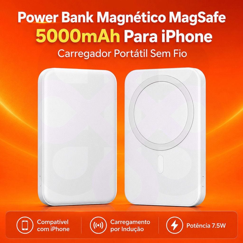Power Bank Magnético MagSafe 5000mAh Carregador Portátil Sem Fio 7.5W Indução Portatil Android Universal