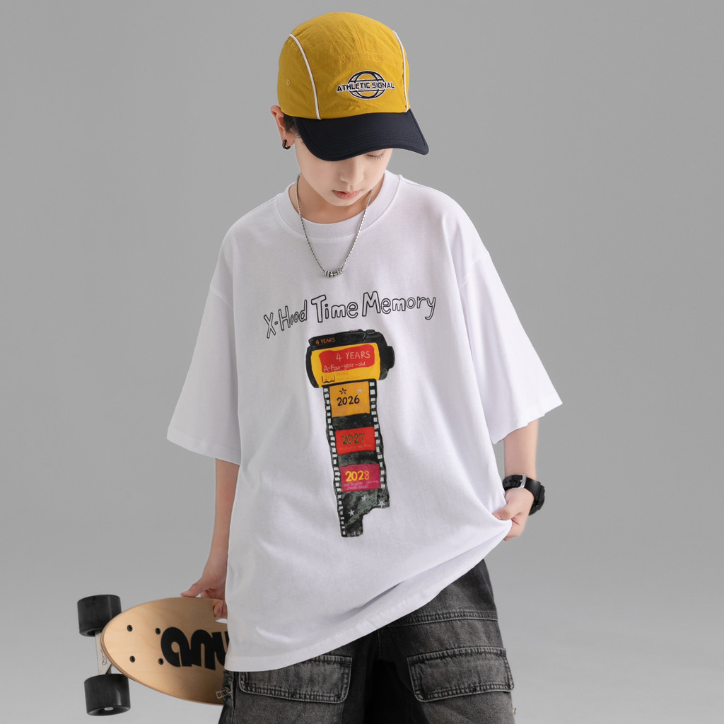 Meninos camiseta de manga curta Street Wear topo 2026 novo estilo médio grande crianças moda versão coreana meia manga m