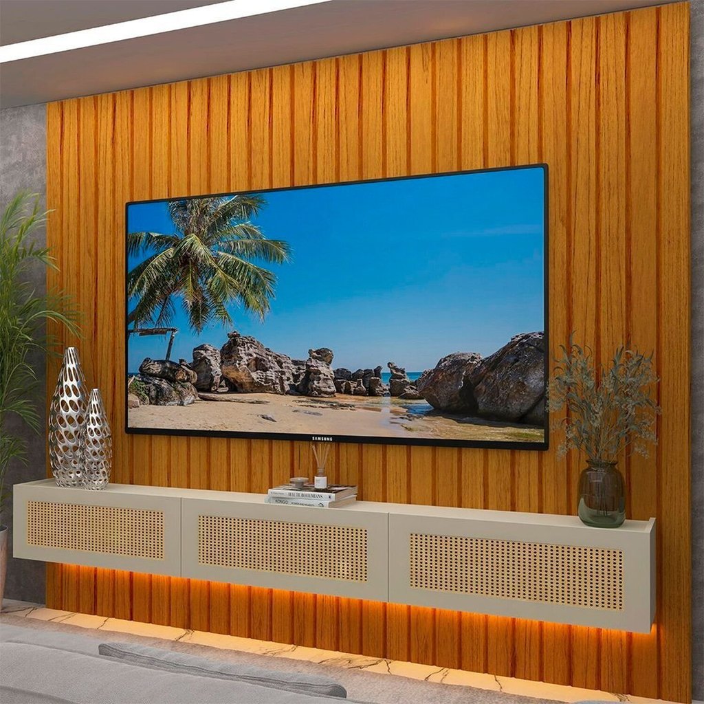 Estante para TV e Home Theater até 84 Polegadas com LED MDF 230CMX250CM Ripada com LED Majestade Native Naturale/Off