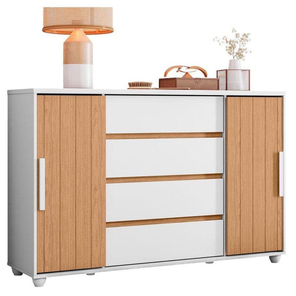 Cômoda Evidenza 4 Gavetas MDF MDP com Portas Deslizantes Branco Freijo Albatroz Móveis — imagem 2 de 2