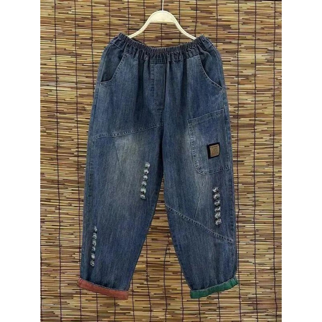 Calças de brim femininas 2024 primavera outono novo estilo cintura elástica forma pêra mais magro olhar grande bolso Cas