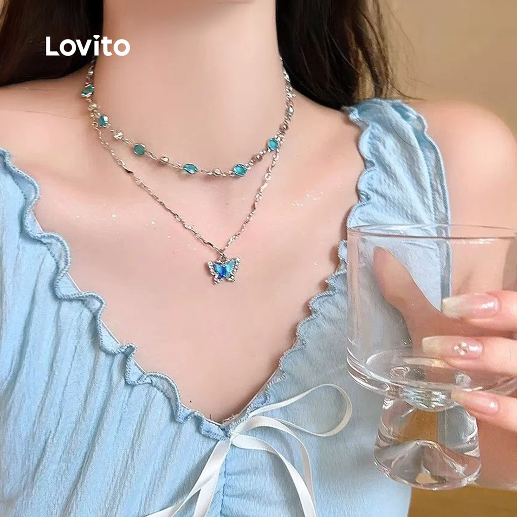 (New Arrival) Lovito Colares E Brincos Pendentes Elegantes E Luxuosos Com Pingente De Laço Seguindo a Tendência Da Moda Coreana NLD001BR003 — imagem 2 de 2
