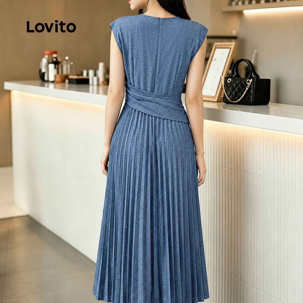 Lovito Vestido Elegante com Drapeado e Textura Cómodo e Estiloso Azulmarinho para mulheres DRK8P2D078 · foto 2