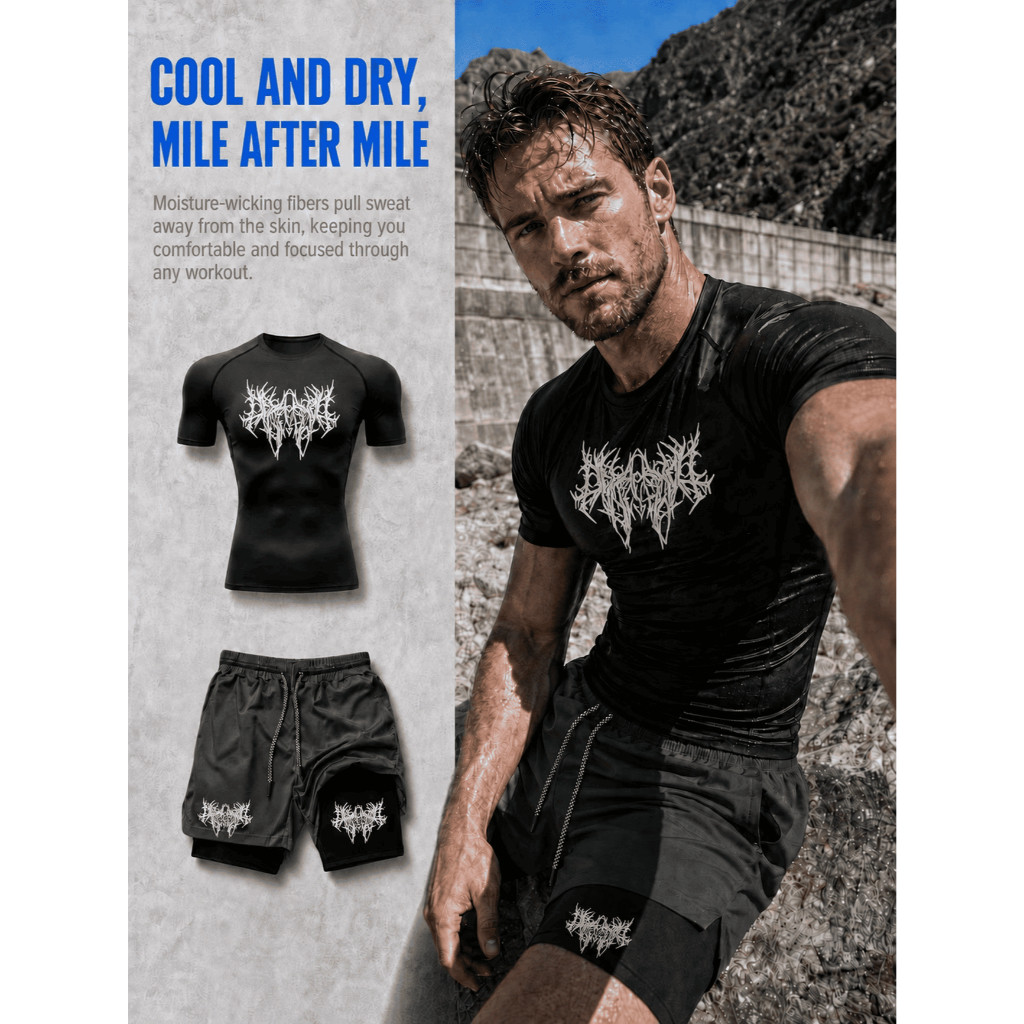 kit camiseta compressão e short 2 em 1 Estampa Gráfica Gotica Spiky Graffiti masculino academia treino gym fitness