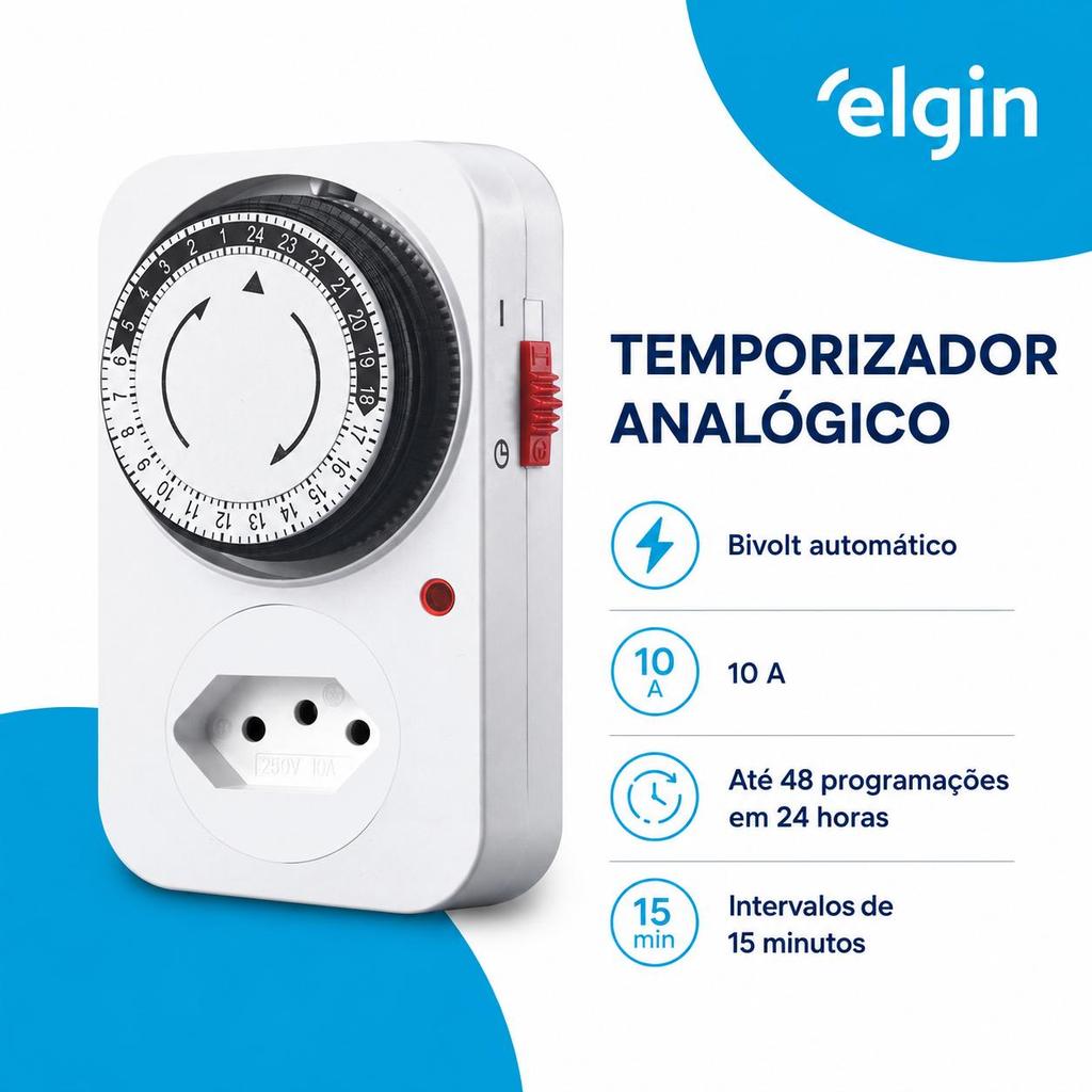 Temporizador de Tomada Analógico 10A até 48 programações/dia 110/220V