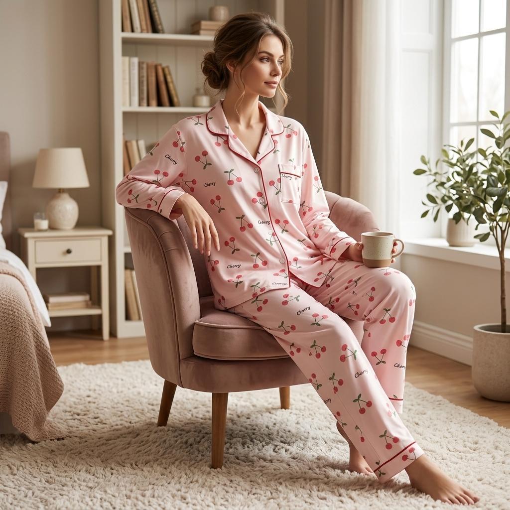 Z&D Pijama Feminino Manga Longa com Botões Camisa e Calça Estampa Cereja Confortável SY62-3 · foto 2