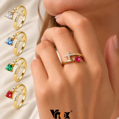 Vnox Banhado A Ouro Cruz Coração CZ Anel Para Mulheres Aberto Ajustável Colorido Zircão Delicado Moda Jóias Presente