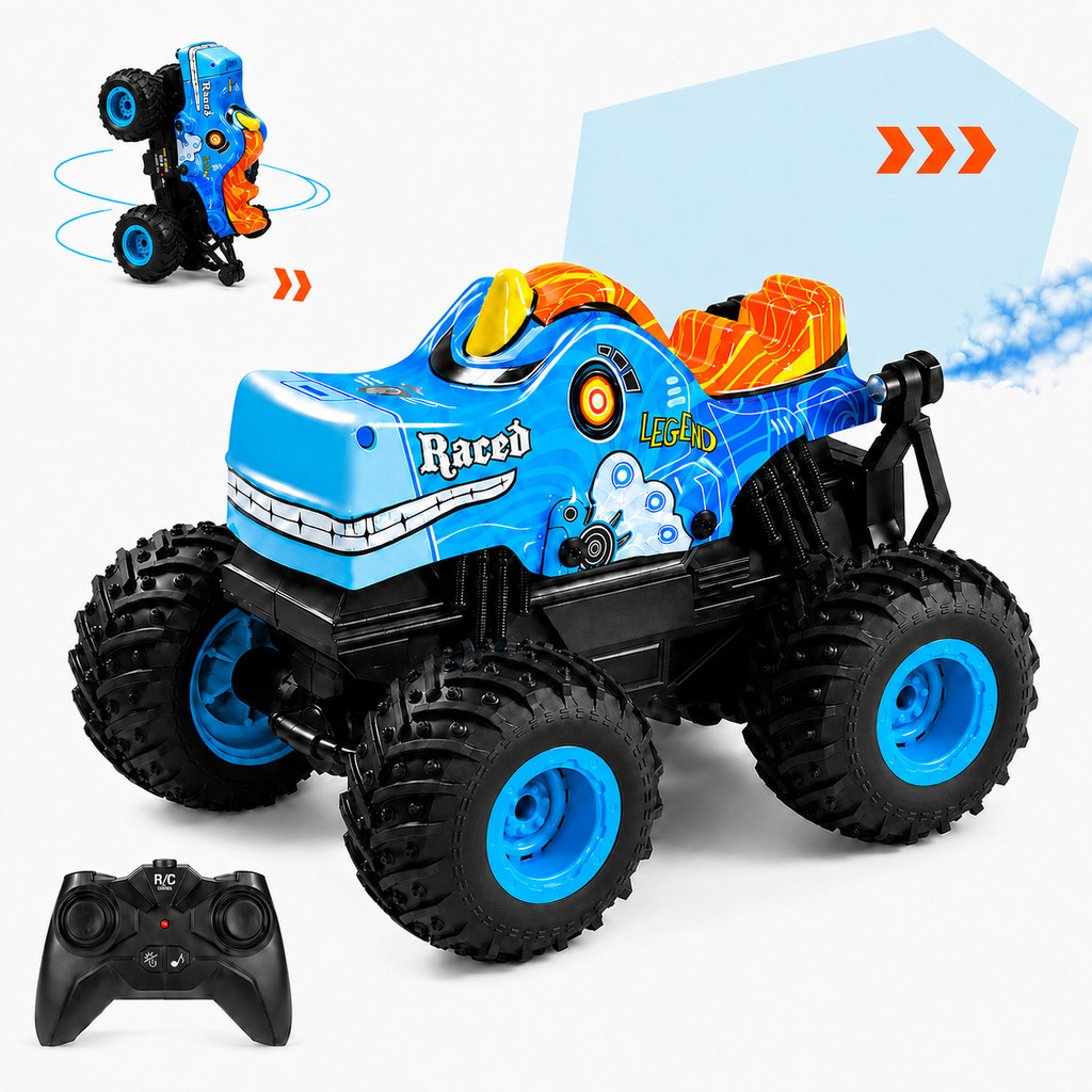 Carrinho Controle Remoto Monster Truck Gira 360 Graus Solta Fumaça Luz Som Recarregável Cabo USB Pneus Grandes Kizumba