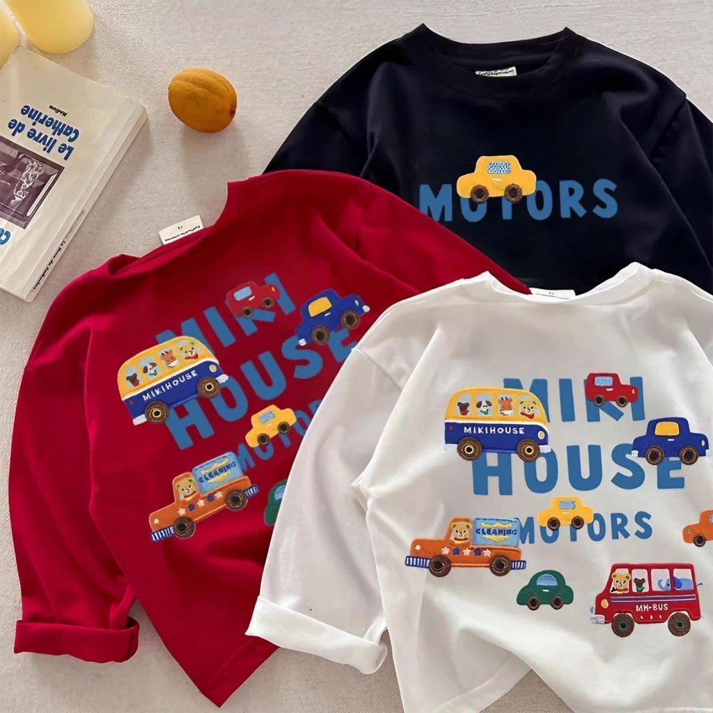Meninos camiseta de manga comprida primavera outono versão coreana simples moda dos desenhos animados carro impressão bo