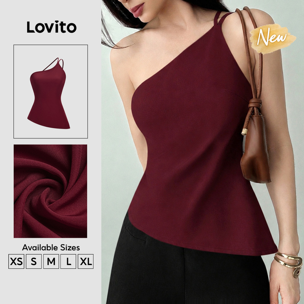 (New Arrival) Lovito Top Feminino Casual Sem Mangas Com Decote Assimétrico Estilo Lazer Primavera/verão Vinho TKB205P2D208
