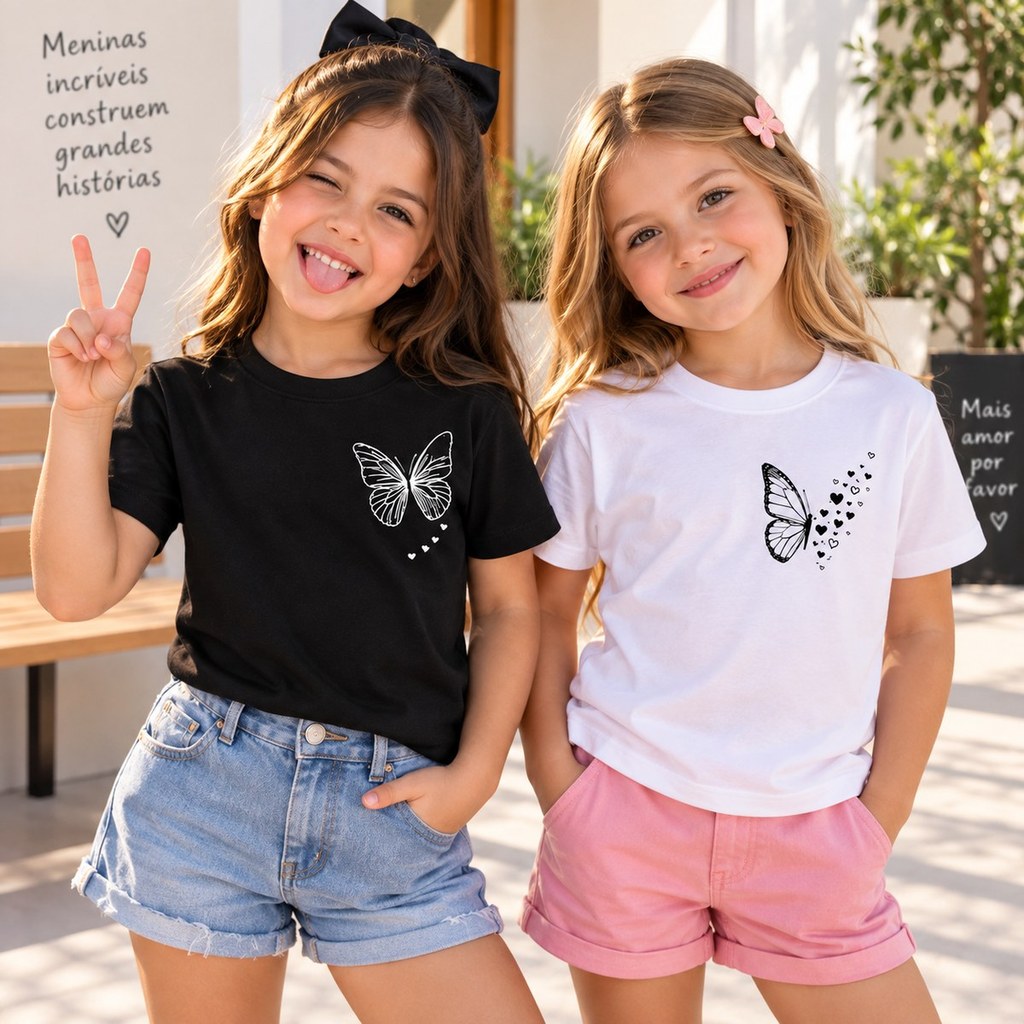 Kit 2 Camisetas Infantil Menina Borboleta 100% Algodão Blusinhas Femininas Delicadas Confortáveis