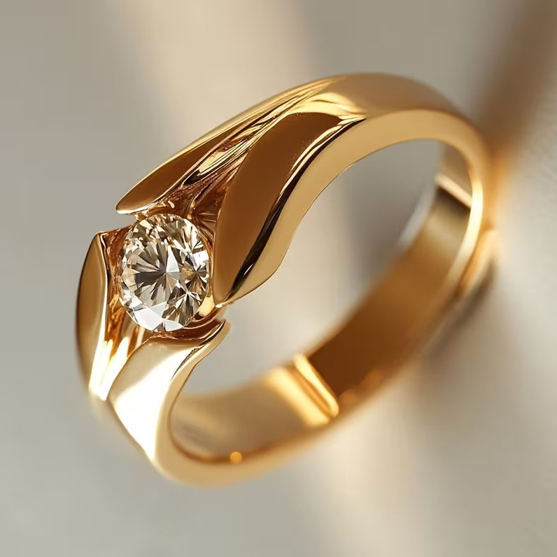 Anel dourado feminino, anel de luxo leve e simples, anel brilhante com diamantes.