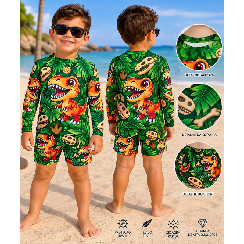 Sunga Infantil Blusa Proteção Térmica UV50+ Roupa De Banho Bebê Conjunto Praia Piscina Estampas Diversas
