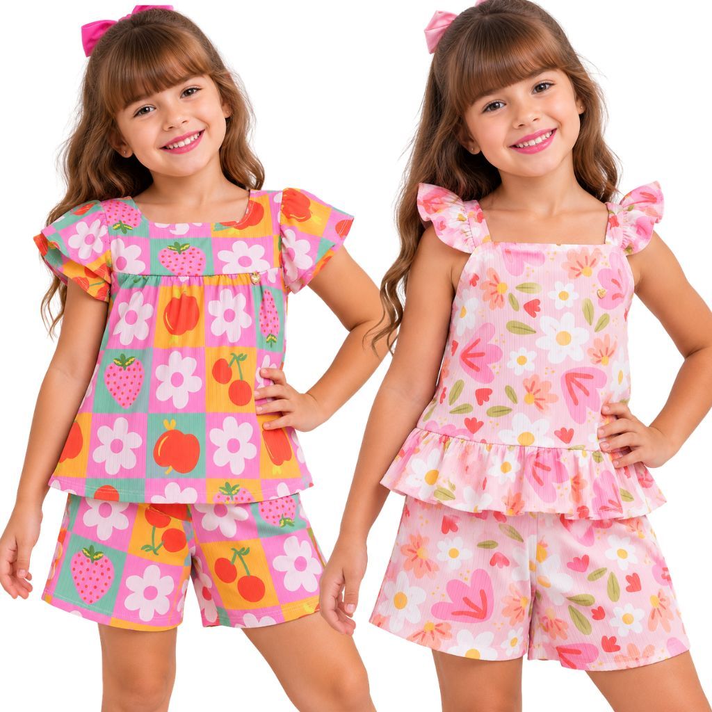 Conjunto Infantil de Verão Feminino Estampado Moda Blogueirinha