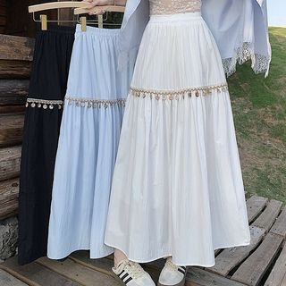Estilo boêmio estilo étnico cintura elástica saia evasê verão elegante concha corrente costura saia longa