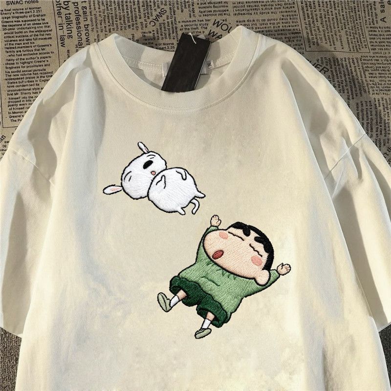 Lago verde japonês dos desenhos animados imitação bordado impresso puro algodão de manga curta camiseta masculino femini