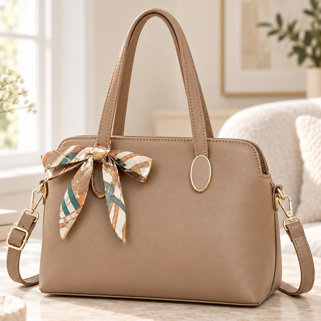 Bolsa Feminina Boston Estruturada com Lenço Alça Transversal Removível Couro Sintético para Trabalho e Passeios