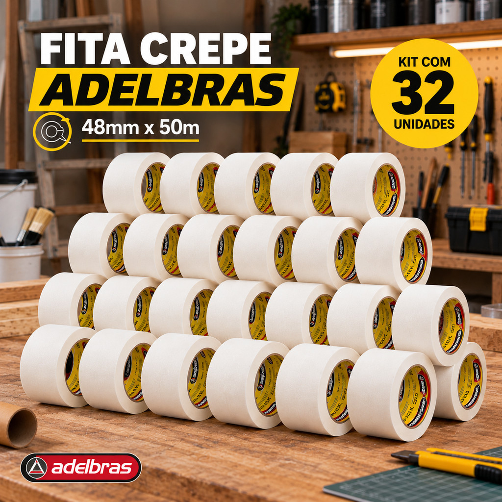 Caixa De Fita Crepe 48mm x 50m Adelbras Mask 710 Rolo Largo Pintura Mascaramento 32un