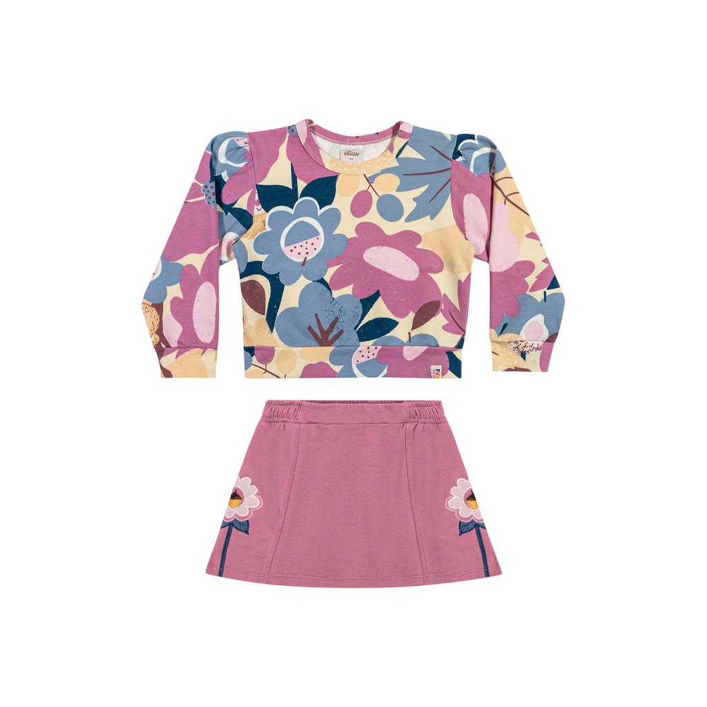 Conjunto Manga Longa Infantil Menina Floral Elian Bege