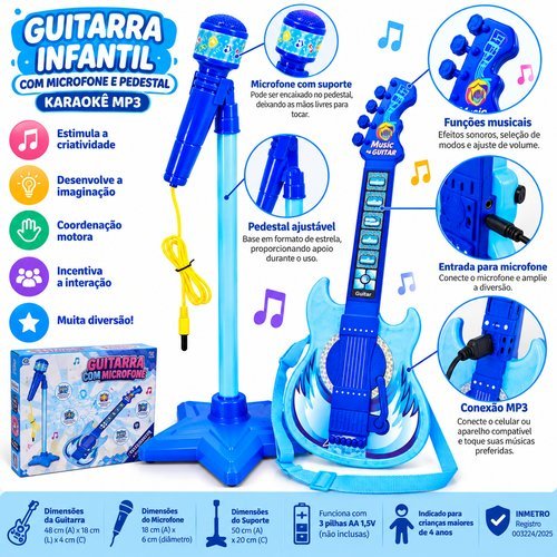 Guitarra Infantil Portatil 50cm Com Microfone Stand Tripode Karaokê Bluetooth Azul