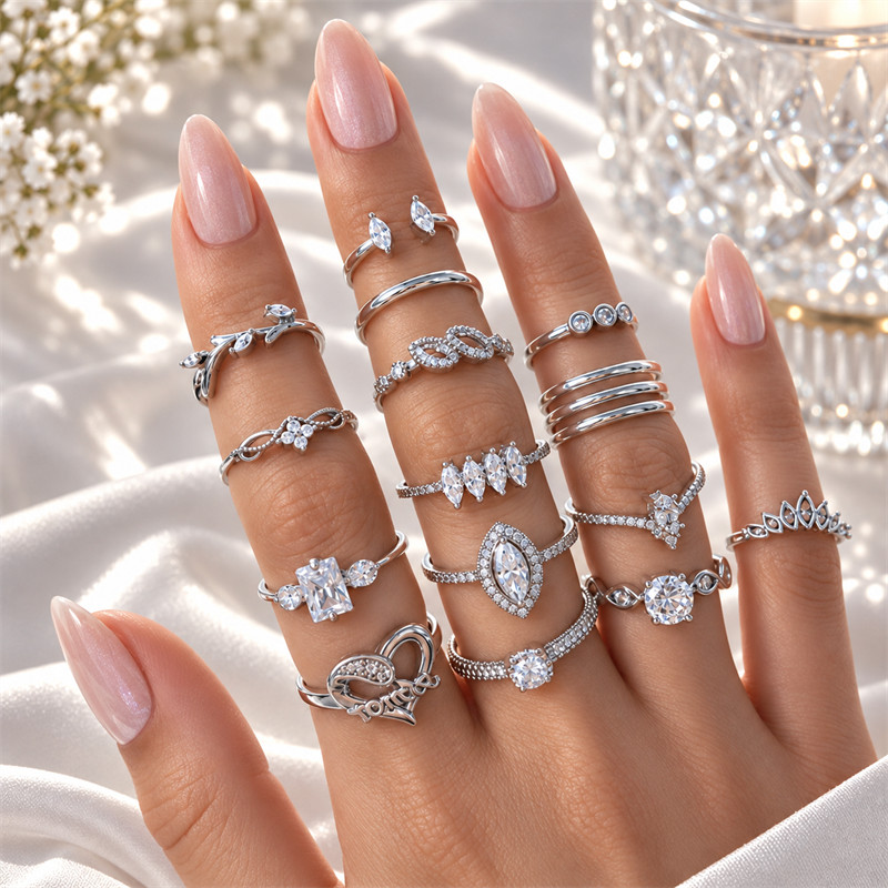 Kit 15 Anéis Femininos Prateados de Falange com Strass e Zircônias Estilo Delicado Empilhável