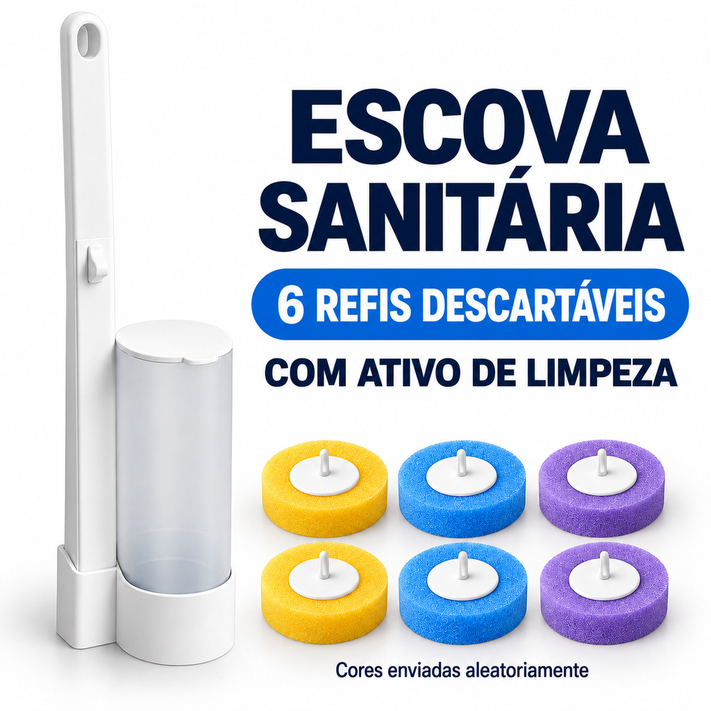 Escova para Vaso Sanitário com Suporte de Parede e 6 Pastilhas Descartáveis com Ativo de Limpeza