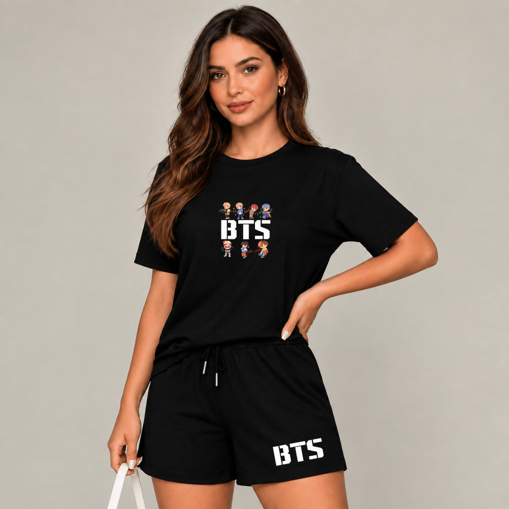 kit conjunto FEMININO bts personagem short moletom + blusinha baby look 100% algodão camiseta e shorts academia
