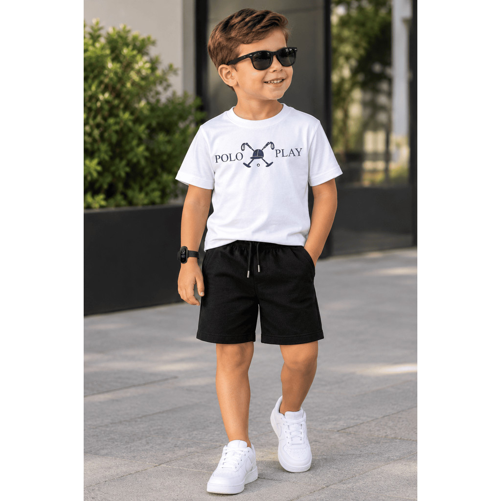 Kit camiseta algodao + short moletinho + relogio brinde Conjunto Infantil premium Polo Lançamento dia das crianças